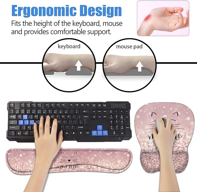 Ergonomic Mouse Pad Wrist Support and Keyboard Wrist Rest Set with Coasters, Non-Slip PU Base, Easy Typing & Pain Relief for Computer Laptop Home Office, Cute Cat Face Smile Meow
