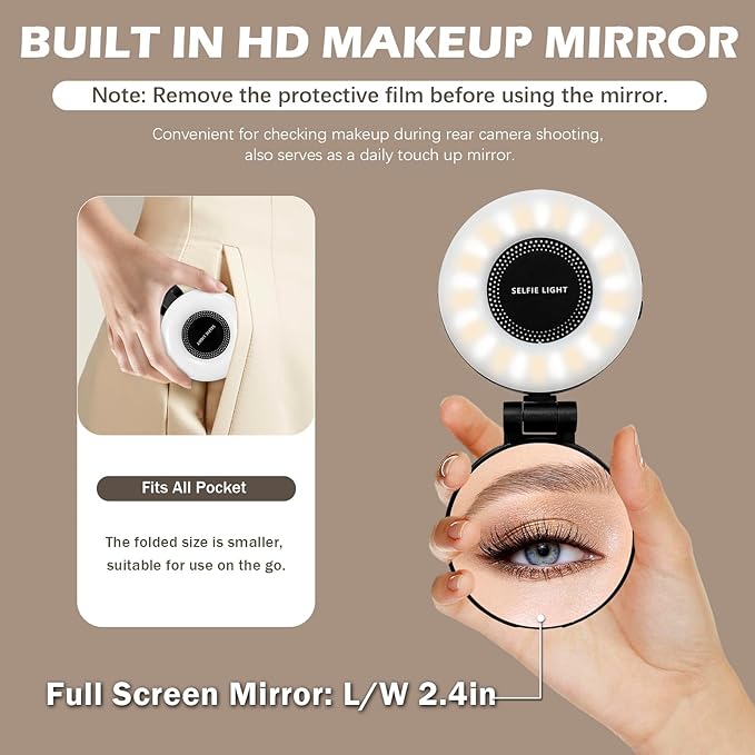 PrielPaek 3-in-1 Magnetic Beauty Selfie Light for Phones, with 2.4" Mirror Magnetic Selfie Light, Adjusted 3 Modes, Rechargeable Fill Light for Selfies, for Photography,Makeup,Vlog,TikTok,Video(Black)