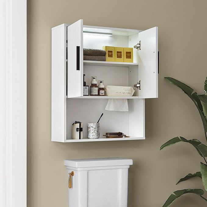 Modern Fluted Bathroom Wall Cabinet with Motion Sensor LED Light, White Over The Toilet Storage with Tissue Dispenser, Soft-Close Hanging Medicine Cabinet with Adjustable Shelves & Open Rack
