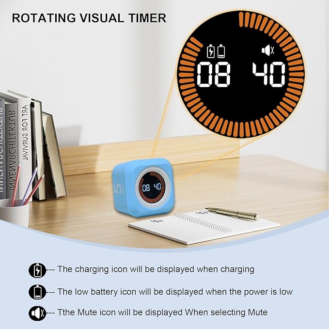 Rotating Cube Visual Pomodoro Timer 5, 25, 10 50 Minutes Preset + Custom Countdown, Rechargeable Desk Productivity Flip Timer with Detachable Silicone Cover for ADHD Study Work Kitchen School (White)