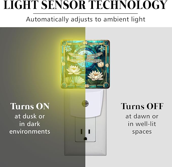 PODMemory Dragonfly & Flowers Stained Glass Night Lights Plug into Wall for Room, Dragonfly & Flowers Night Light LED for Bedroom