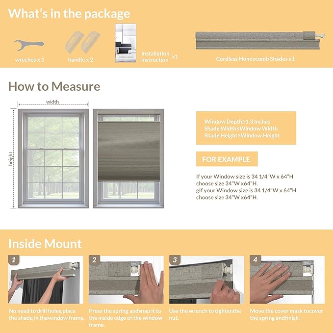 Boolegon No Drill No Tools Cellular Shades Top Down Bottom Up Honeycomb Blinds Blackout Cordless Cellular Shades Easy to Install Blinds for Windows,Custom Size,Blackout Blue Gray