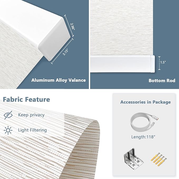 COOLWINDS Motorized Blinds with Remote Cordless Automatic Motorized Shades Custom Blinds for Windows Smart Curtains Compatible with Alexa Google Home(Light Filtering Jacquard Beige,W52 x H72in)