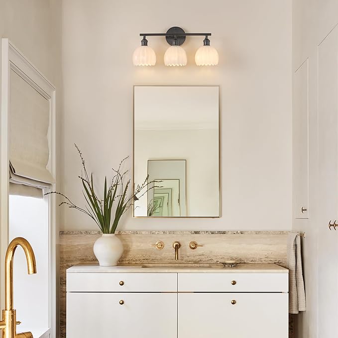 Shenmoyl Bathroom Light Fixtures, 3-Light Black Vanity Wall Light Over Mirror with White Tulip Glass Shade for Bedroom Living Room (Bulb Not Included)