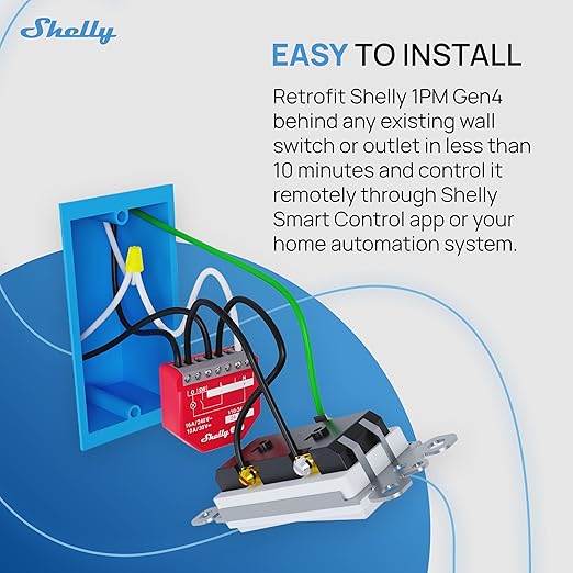 Shelly 1PM Gen4 | Wi-Fi, Zigbee, Matter Smart Relay Switch with Power Metering, 1-Channel 16A | Home Automation | Alexa, SmartThings, Google Home, Apple HomeKit Compatible | iOS Android App (2 Pack)