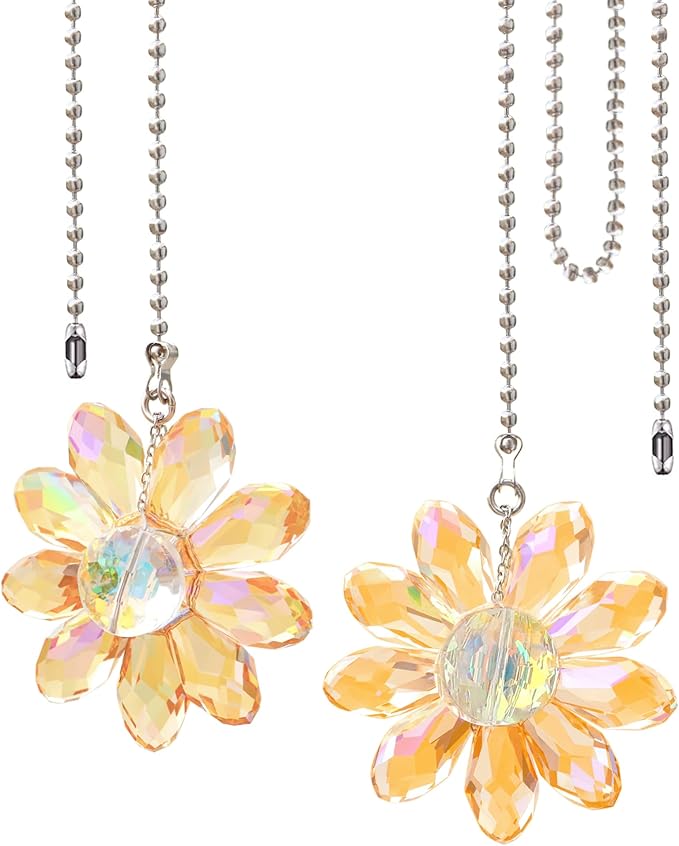 LEFERS Ceiling Fan Pull Chain, 2 Pieces 1.8" Crystal Glass Flower Pendants with 24" Ceiling Fan Chain Extender and Connector (Gold)