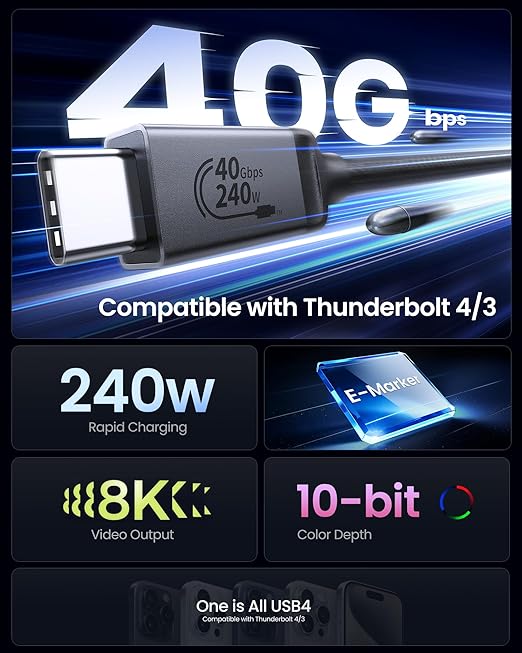 Silkland USB 4 for Thunderbolt 4 Cable 6.6FT/2M, 40Gbps Data Sync, 8K Display/4K@240Hz, 240W Charging, USB C Video Cable Compatible for Thunderbolt 3, MacBook, Monitor, Docking, iPhone 17/16,SSD