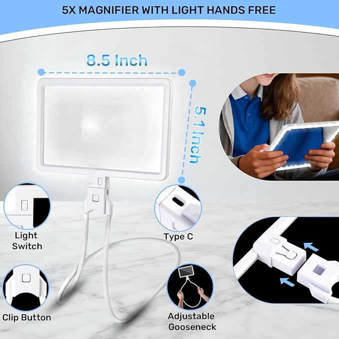 5X Neck Magnifying Glass with Light, Magnifier with Light Hands Free, Full Book Page Magnifier with 3 Light Modes, Flexible Gooseneck for Seniors Reading Low Vision (White)