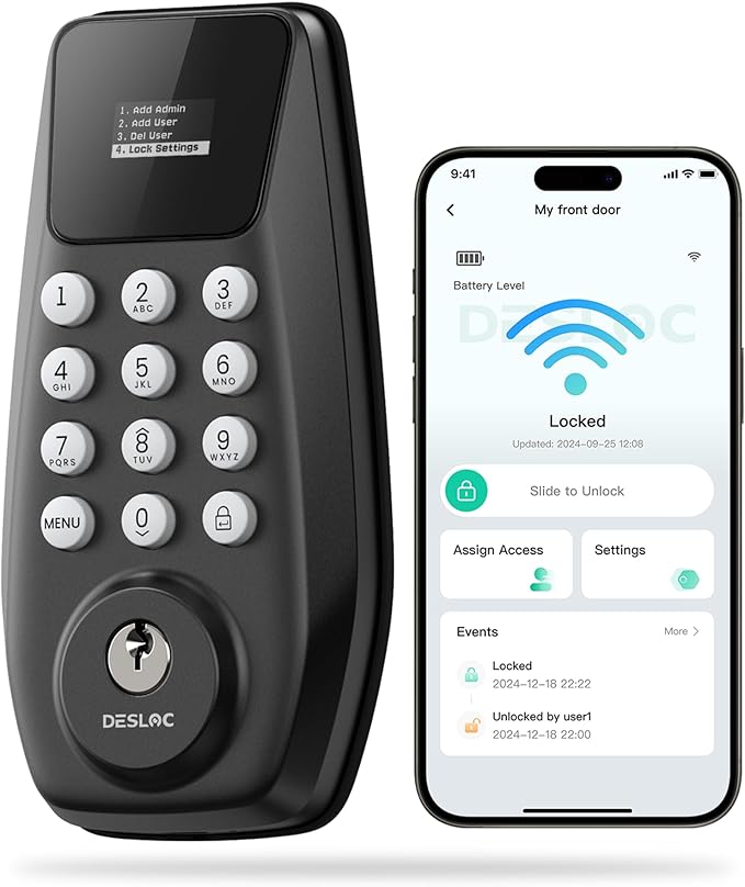 DESLOC C100 Plus Built-in WiFi Smart Lock, Keyless Entry Door Lock with Display, Keypad Deadbolt for Front Door, App Remote Control, Anti-Peeping Password, BHMA Grade 3, Black