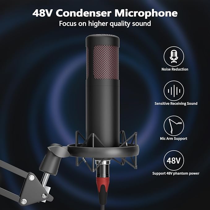 Podcast Equipment Bundle for 2, Audio Interface DJ Mixer with 48V XLR Condenser Microphone, RGB,Voice Change, for Streaming, Podcast Recording,Tiktok,PC, Smartphone COMMANDER M100 3rd