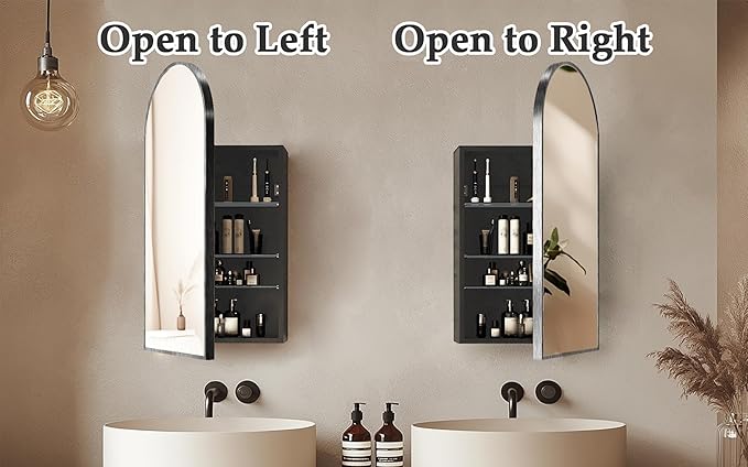 Arched Medicine Cabinet with Mirror,Vanity Mirror with Storage,Wall Mounted Medicine Cabinet with Adjustable Shelves, Reversible Door & HD Mirror,15.7x29.5 inch,Not Recessed,Black