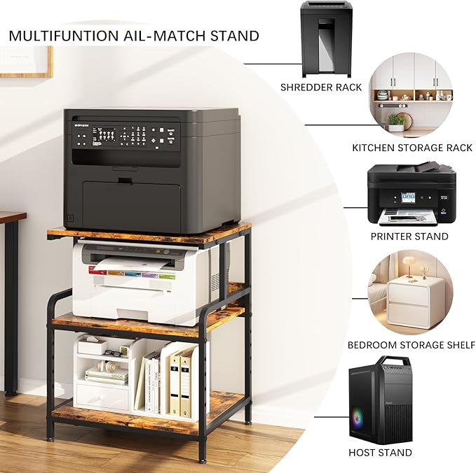 Arbuxzuy Large Printer Stand with Storage Shelf, 23.6" W x 18.9" D Printer Cart with Wheels, 3 Tier Mobile Printer Table for Home Office,Stands for Heat Press Scanner Fax (Brown)