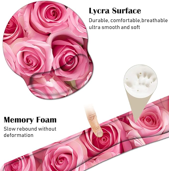 Keyboard Wrist Rest and Mouse Pad Wrist Support Set with Coasters, Non-Slip PU Base Ergonomic Gaming Mousepad for Home Office Working Studying Easy Typing & Pain Relief, Pink Roses