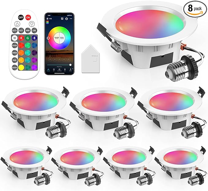Vanance Smart Recessed Lighting 3 Inch, Dimmable, Tunable 2700K~6500K, CRI80+, RGB Color Changing LED Downlight Compatible with Alexa Google Home, Remote Control Small Canless Light, 8Pack