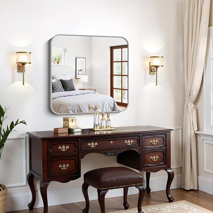 FORBATH 30x30 Inch Silver Bathroom Mirror for Over Sink, Large Square Wall Mirror with Metal Frame, Rounded Corners for Bathroom, Bedroom, Entryway Decor (Horizontal or Vertical)