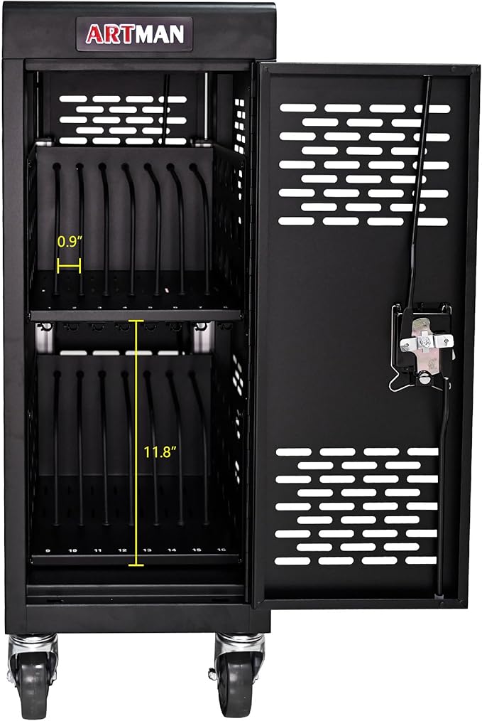 16 Device Mobile Charging Station for Laptops/Tablets/iPads/Chromebooks,16 Bay Lockable Charging Cabinet with Cable Management & Power Strip Included, Laptop & Tablet Storage Carts,Easy Assembly