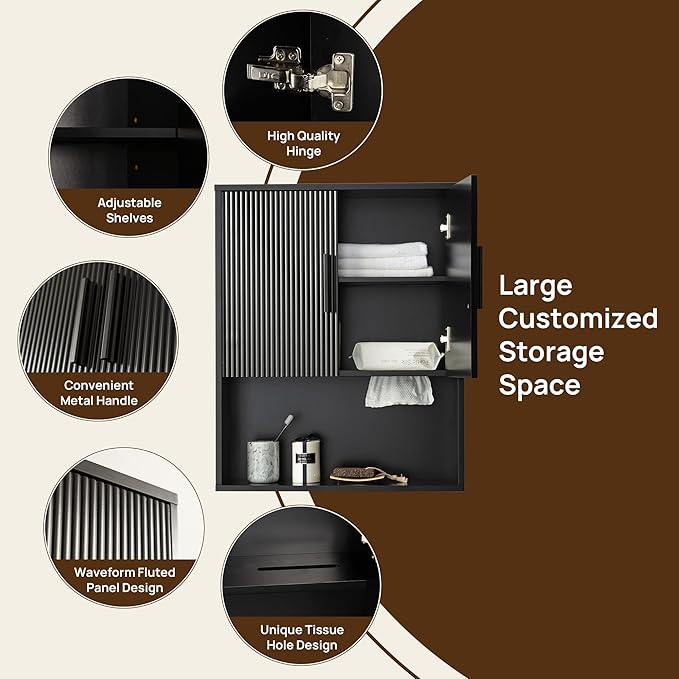 Modern Fluted Bathroom Wall Cabinet with Motion Sensor LED Light, Black Over The Toilet Storage with Tissue Dispenser, Soft-Close Hanging Medicine Cabinet with Adjustable Shelves & Open Rack