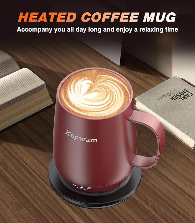 Kepwam Self Heating Coffee Mug T2, 16oz Smart Heated Coffee Mug, 150 Min Battery Life - Hot up to 149℉ Temperature Control Coffee Mug Warmer, Gifts for Dad Mom (No APP)