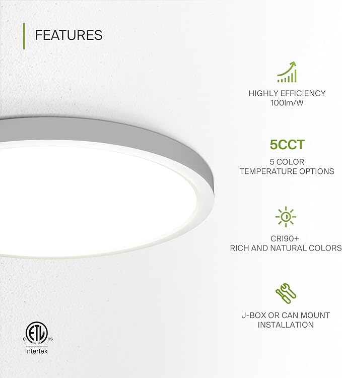 ASD LED 12" Round Flush Mount Ceiling Light Fixture, Low Profile Surface Lighting | 5CCT, Dimmable, Ultra-Thin, ETL Listed | 24W 2000LM 2700-6000K 100-277V | Kitchen, Hallway Lamp | White, 12 Pack