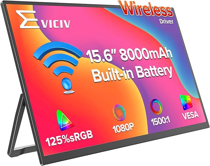 EVICIV Wireless Portable Monitor with 8000mAh Battery, 15.6" Wireless Monitor, Support AirPlay, Miracast Laptop Display, USB-C & HDMI & VESA, Travel Second Screen for Laptop, Computer, Game Consoles