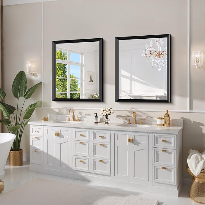 Black Bathroom Mirror 30 x 36 Inch Rectangle Wave Beveled for Wall Bathroom Vanity Mirror for Over Sink, Tempered Glass,for Entryway Hangs, Bathroom Living Room Horizontal or Vertical