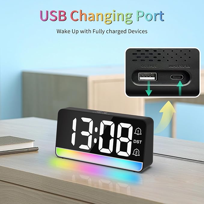 Alarm Clocks for Bedrooms, Digital Bedside Clock with RGB Night Light, Adjustable Volume for Heavy Sleepers, USB Charger, Large Display, Modern Decor for Desk, Dimmable Alarm Clock for Kids(Black)