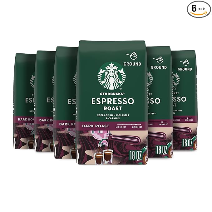 Starbucks Ground Coffee, Dark Roast Hot or Iced Coffee, Espresso Roast, Six 18 oz Bags