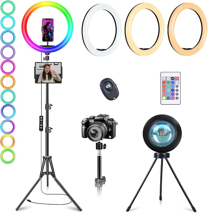 13" Selfie Ring Light with Stand 76" Tall & Phone Holders, Sunset Lamp by wiskey