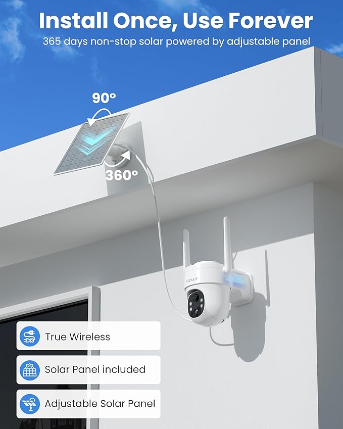 VIZIUUY Solar Security Cameras Wireless Outdoor, 3MP Pan Tilt 360°WiFi Camera with Color Night Vision/PIR Sensor/2-Way Audio/Alexa/Google Assistant