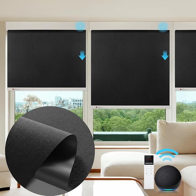 ZSTARR Motorized Smart Blind for Window,Automatic Blackout Roller Shade Compatible, with Remote Control, Child Safety Rechargeable Battery Blind with Valance,Customize (Tuxedo Colour)