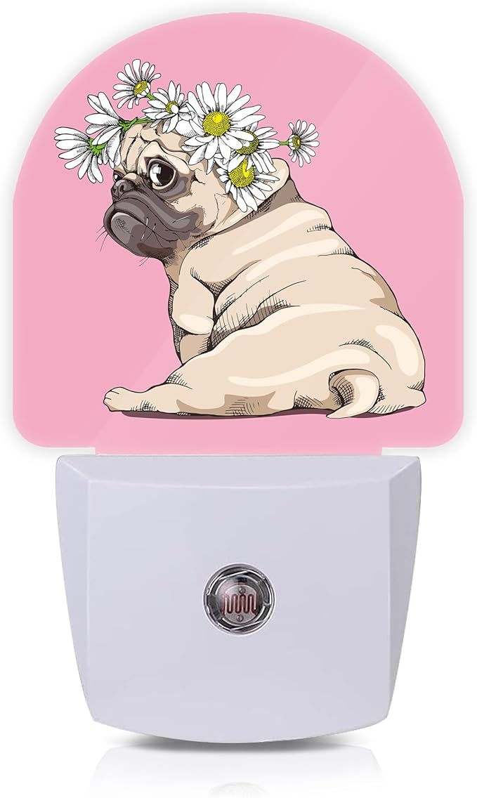 Axxitude Puppy Pug Chamomile Flowers Night Lights Plug into Wall for Girls Boys Room,Night Light LED Lamp Dusk to Dawn Sensor Round Lamp for Bedroom Bathroom Hallway Home Wall Decor Nightlight