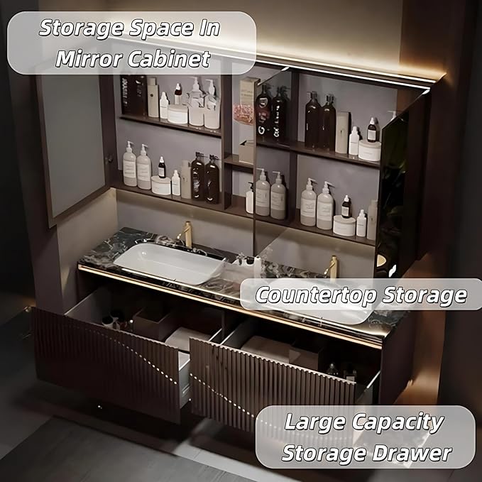 Double Sink Bathroom Vanity - Bathroom Vanities with Tops & Smart Defogging LED Lamp | Innovative Door Panel Design with Concealed Handle, Metal Faucet (Brown, 64IN)