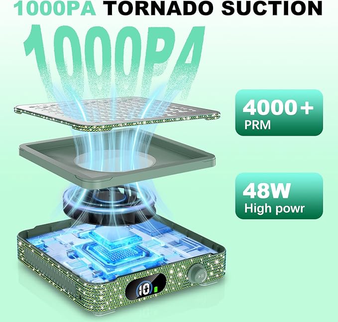 Nail Dust Collector | 1000PA Gel Nail Dust Collector | 10 Speed Levels | Low Noise & Strong Suction | Reusable Filter, 10 Pads + Nail Dust Brush | for Acrylic Nails, Salon & Home - Dark Green Diamond