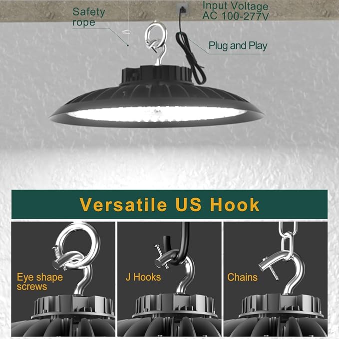 ACOHOOK 2Pack 600W UFO LED High Bay Light 5000K Daylight, 90,000 Lumens Super Bright, 100-277V Wide Voltage, Commercial High Bay Lighting for Warehouse Factory Gym, 3.3' Cable & US Hook, Plug& Play