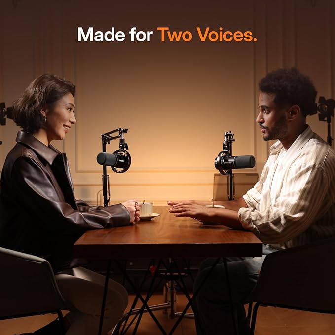 MAONO PD200W Hybrid Wireless Podcast Equipment Bundle for 2, XLR USB Dynamic Microphone Kit with 2 Desktop Stand, Software, Noise Cancellation, for Co-hosted podcast, Vocal Recording, Content Creation