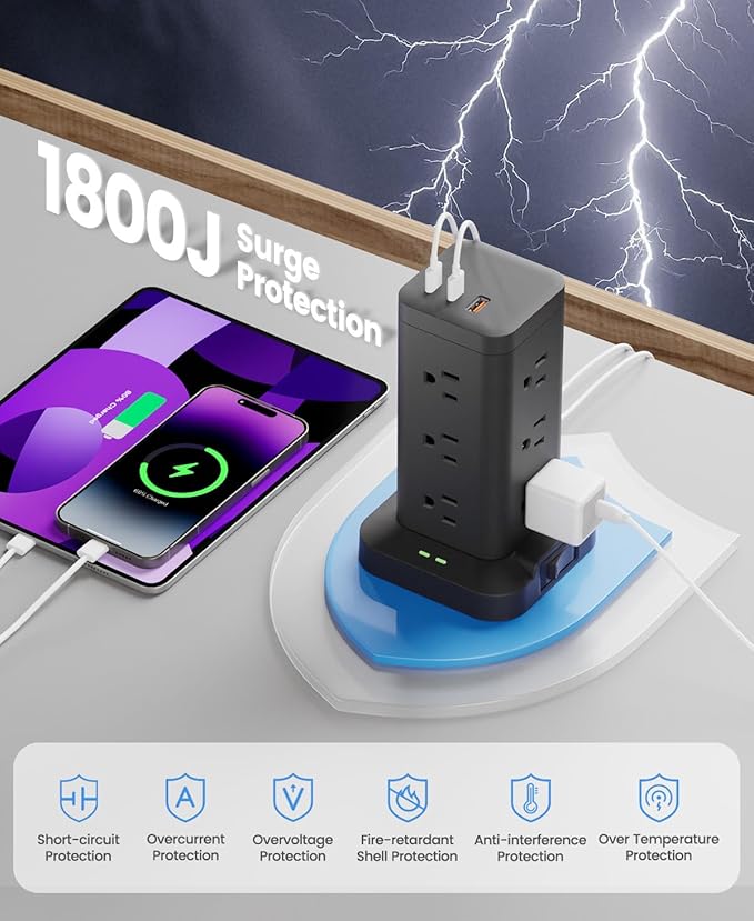 Tagzilo 15-in-1 Power Strip Tower with Surge Protector 1800J, Fast Charging Tower PD20W USB-C Ports with 12 AC Outlets, 15ft Extension Cord for Home Office Dorm Room, Black
