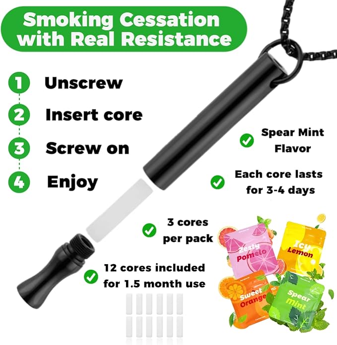 Replace Bad Habit Flavored Air Necklace with 12pcs Refillable Cores in 4 Flavors, Habit Support Refreshing Necklace for Stress Relief Sensory Fidget for Adults (Black)