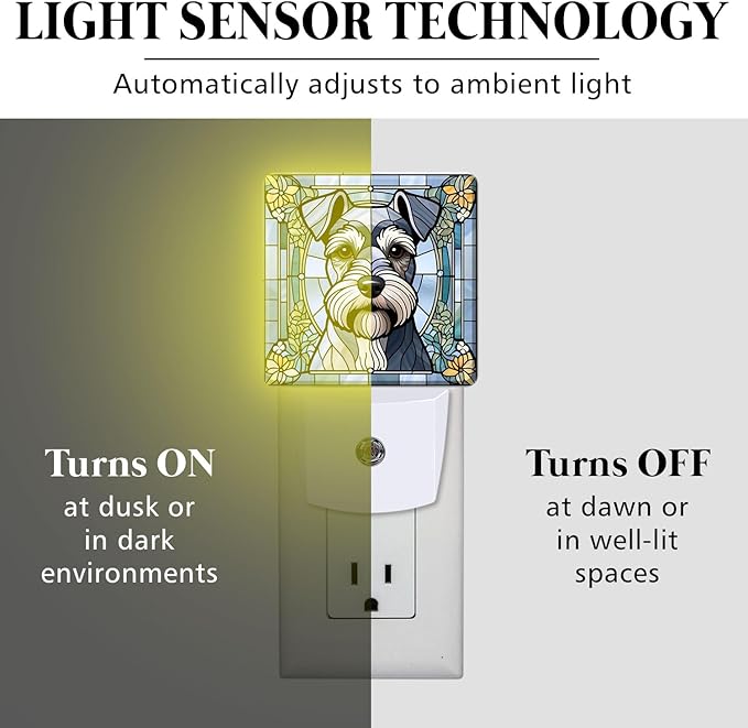 PODMemory Miniature Schnauzer Stained Glass Night Lights Plug into Wall for Room, Miniature Schnauzer Night Light LED for Bedroom