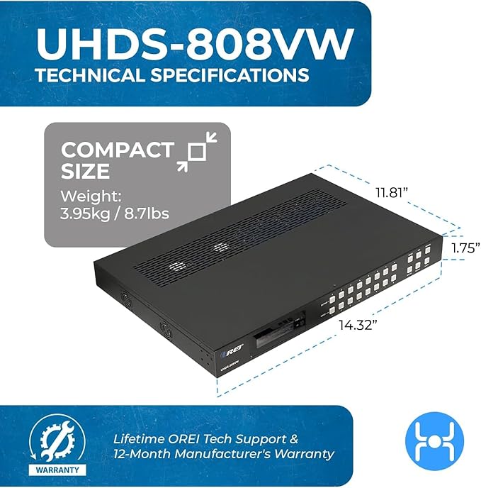 OREI 4K 8x8 Seamless HDMI Matrix Switch Video Wall Controller HDMI Processor Upto 4K 60hz 4:4:4 8-bit - HDMI 2.0, HDCP 2.2, 18 Gbps, UltaHD 4x2, 2x2, 1x4, 1x2, 4x1 Remote Control (UHDS-808VW)