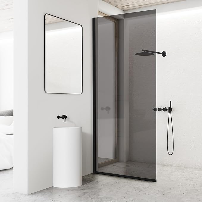 Bathroom Shower Door Screen, 34 in. W x 74 in. H Single Panel Frameless Shower Screen with Tempered Glass, for Bathroom and Bathtub, Smoked Gray Shower Door Screen with Matte Black Rods