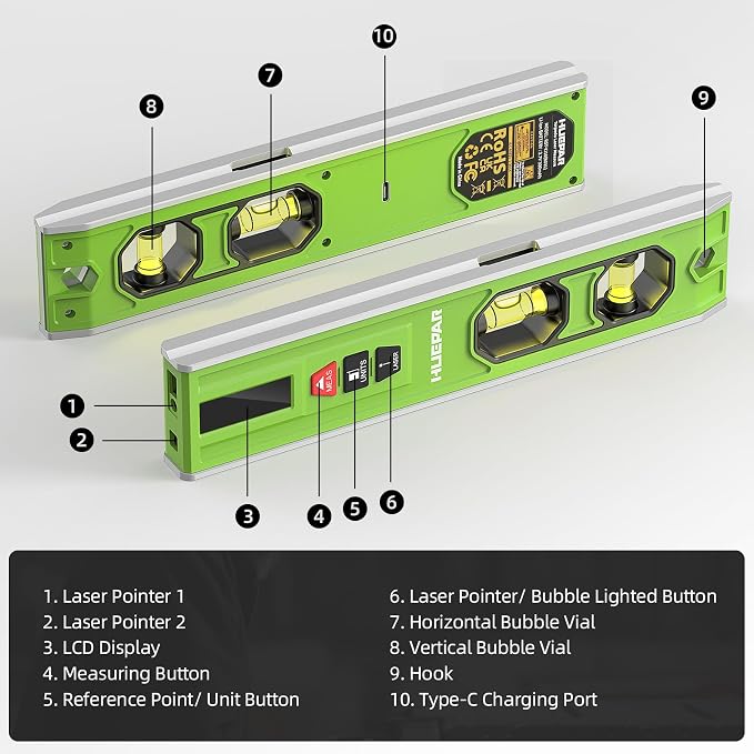 Huepar 3-in-1 Laser Level /65Ft Laser Distance Measure/Magnetic Torpedo Level - Image 8