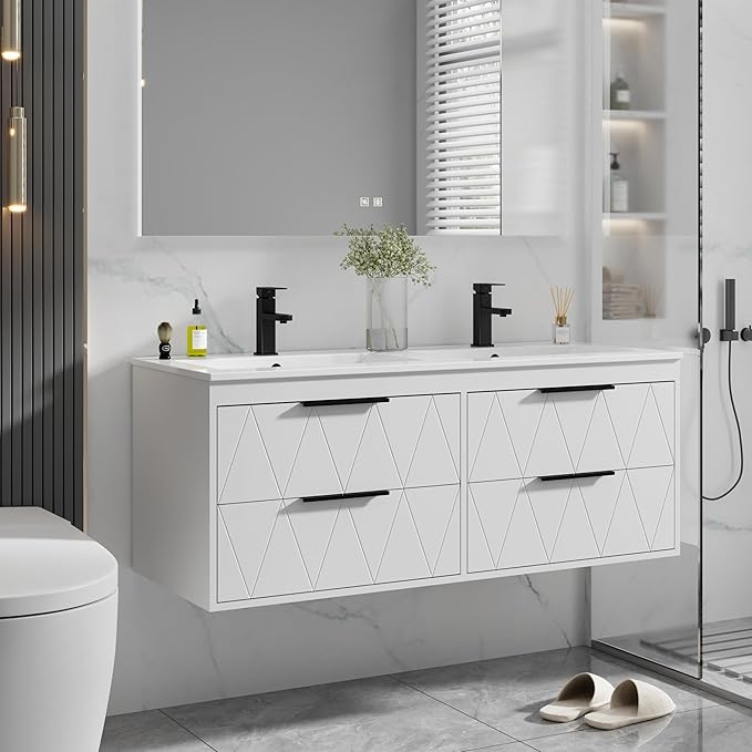 eclife 48" Bathroom Vanities Cabinet with Sink Combo, Wall Mounted Floating Cabinet W/Decor Line, Soft-Close System, 4 Extra Big Drawers, Matte Black Faucet, White