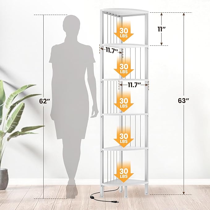 MonaSixy 6 Tier Corner Shelf with Light, Music Synic 60000 DIY LED Color Smart Remote Tall Display Shelves Corner Shelf Stand Bookshelf Wood Rack Metal Frame for Living Game Room Bedroom, White