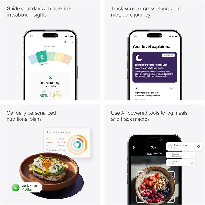 Lumen Metabolism Tracker Device - Measure Real-Time Fat & Carb Burn, Daily Nutrition, Meal Plans, Metabolic Health, Weight Loss, Athletic Fitness & Performance for Men & Women w/ 12 Month Subscription