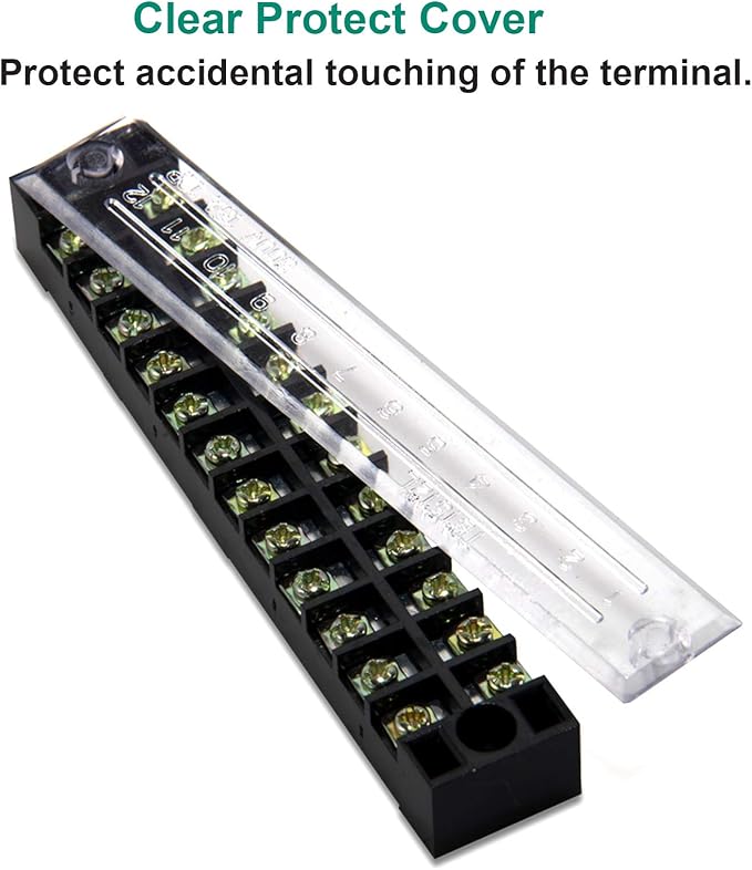 MILAPEAK Terminal Block and Strip - 5pcs 12 Positions 600V 15A Dual Row Screw Terminal Blocks with Cover + 10pcs 400V 15A 12 Positions Pre-Insulated Terminal Barrier Jumper Strips Black & Red