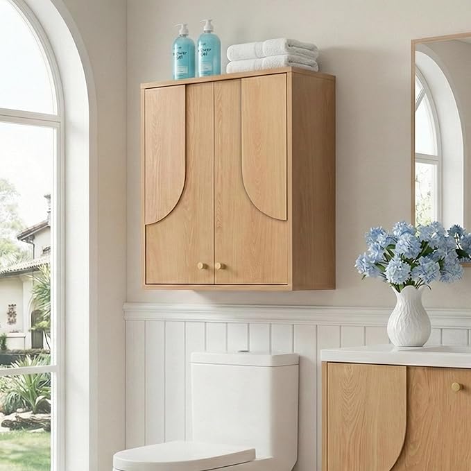 Arched Wood Medicine Cabinet for Bathroom-Mid Century Modern Wall Storage Cabinet-Wall Mounted Over The Toilet Organizer with Hanging Rail for Powder Room, Entryway