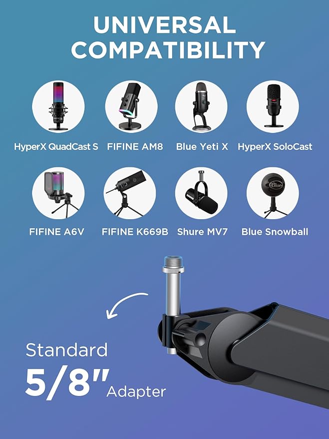 InnoGear Mic Boom Arm, Microphone Stand with Cable Management Channels Height Riser for Blue Yeti FIFINE AM8 K669B HyperX QuadCast S SoloCast AT2020 Shure SM7B MV7 and Other Mics