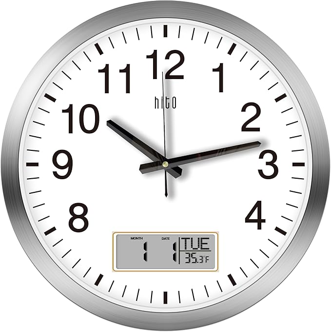 HITO 16 Inch Silent Wall Clock Battery Operated with Temperature and Date, Large Wall Clock for Living Room Decor, Office, Classroom, Bedroom