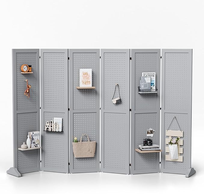 Bonnlo 4/6 Panel Pegboard Freestanding, 5 FT Portable Display Board Organizer for Craft Show Jewelry, Wooden Folding Privacy Screen Room Divider (Grey, 6 Panel with Base)
