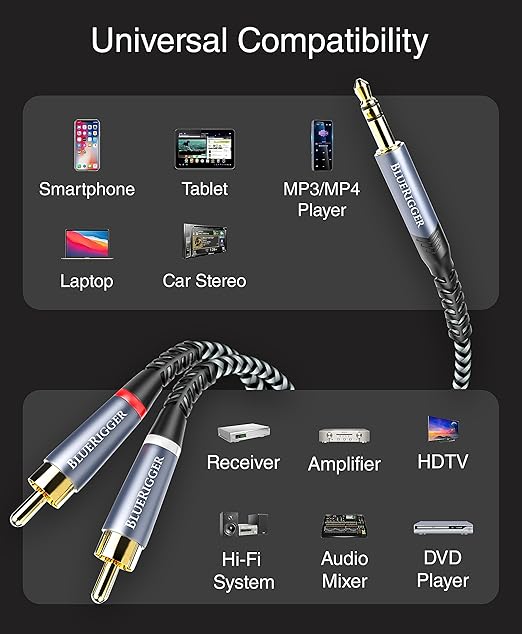 BlueRigger 3.5mm to RCA Audio Cable (25FT, RCA Male to Aux Audio, Braided, Headphone Jack Adapter, Metal Shell) - for Phones, Amplifiers, Tablets, Home Theater, Speakers, HDTV